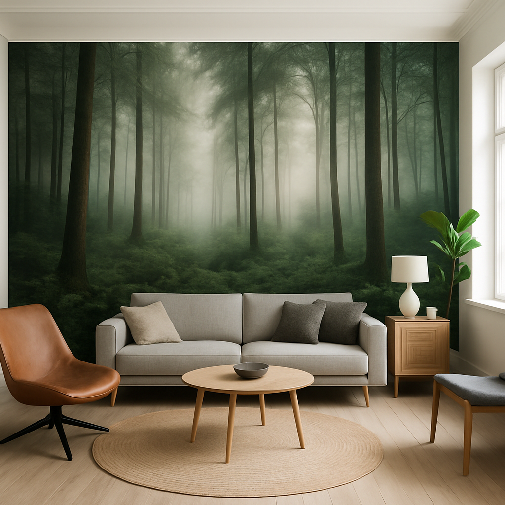 Custom photographic mural on a living room wall