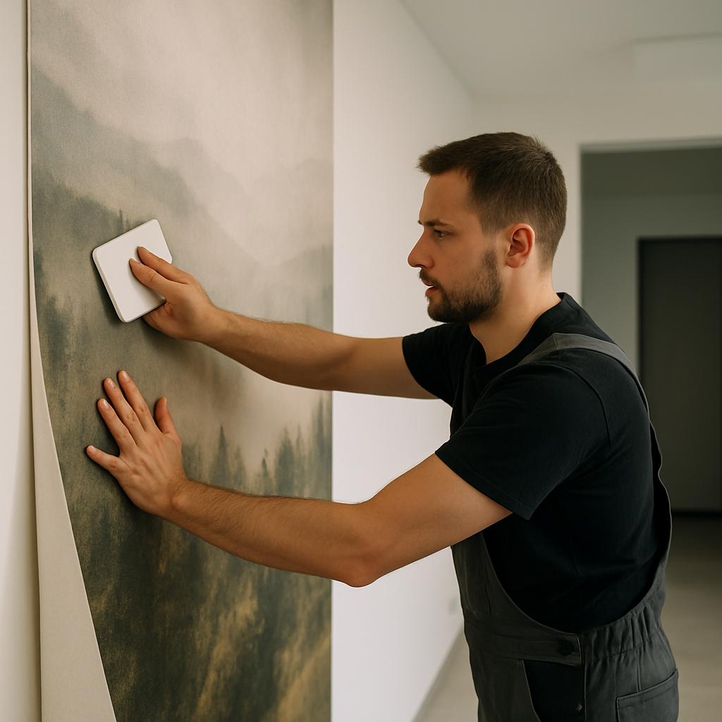 Installer applying a mural panel to a wall