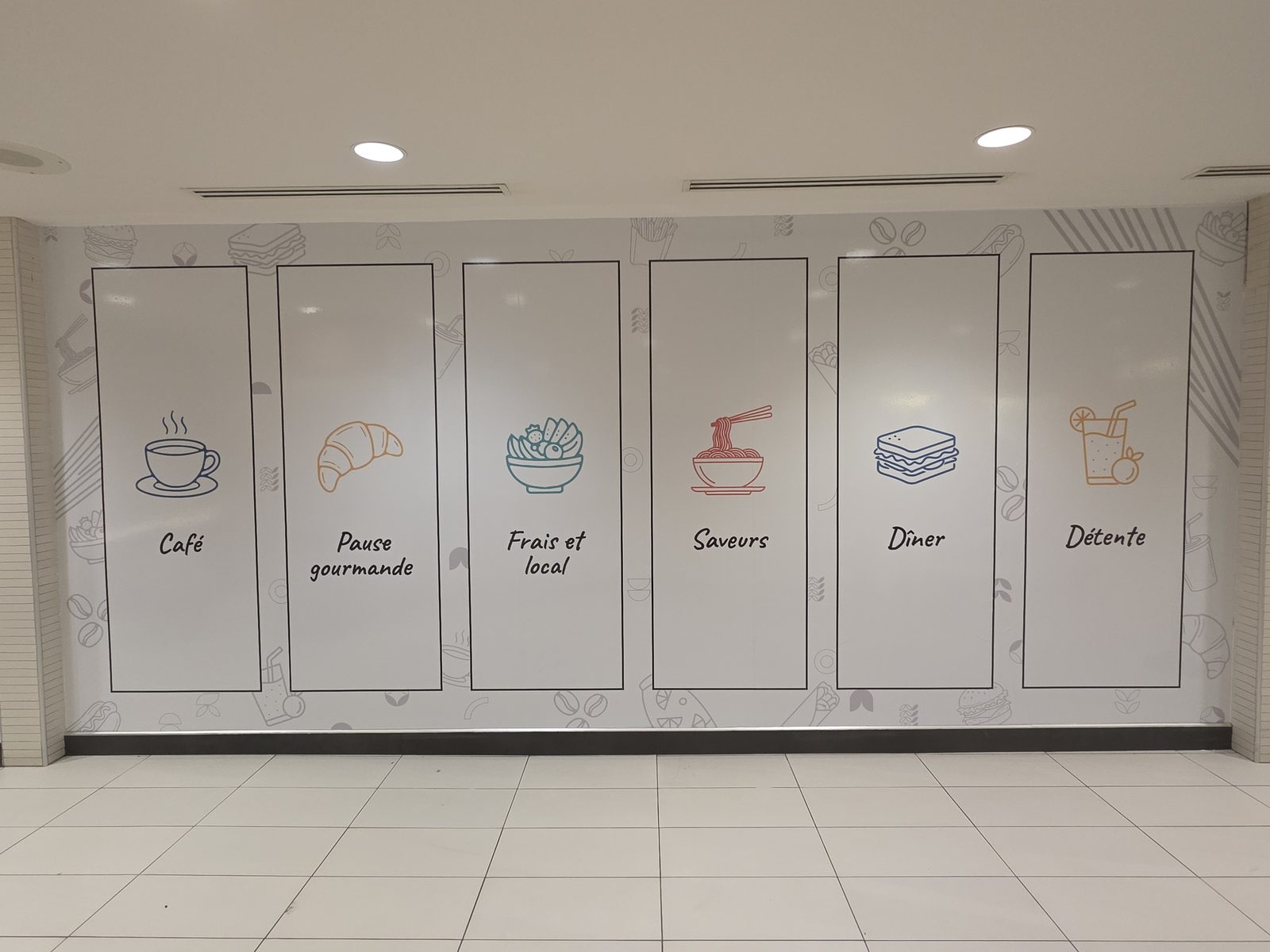 The same food court mural seen straight on, six tall panels with line-art icons for coffee, pastry, salad, noodles, sandwich and a drink